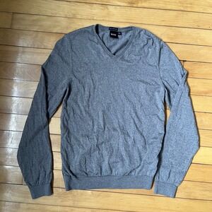 Hugo Boss Mens Grey V-Neck Sweater Finest Italian Yarn Wool Knit Pullover L